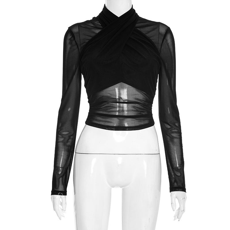 Damen Elegantes Wickeloberteil mit transparentem Stoff und langen Ärmeln Echo Archiv