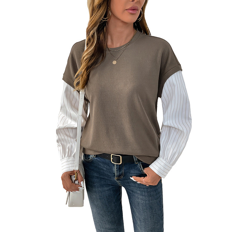 Damen Casual-Longsleeve mit Rippoberteil & gestreiften Blusenärmeln Echoarchiv