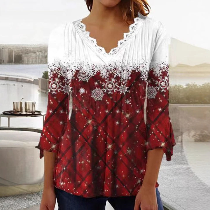 Damen nan Tunika-Bluse mit Spitzen-V-Ausschnitt, feiner Plissee-Passe und winterlichem Schneeflocken-Print Echo Archiv
