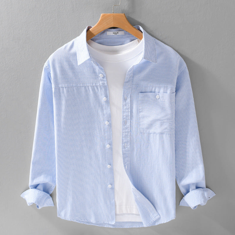 Herren Feines Nadelstreifen-Layering-Overshirt aus leichtem Baumwollmix mit aufgesetzter Brusttasche Echoarchiv