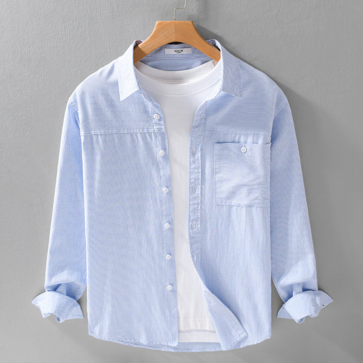 Herren Feines Nadelstreifen-Layering-Overshirt aus leichtem Baumwollmix mit aufgesetzter Brusttasche Echoarchiv
