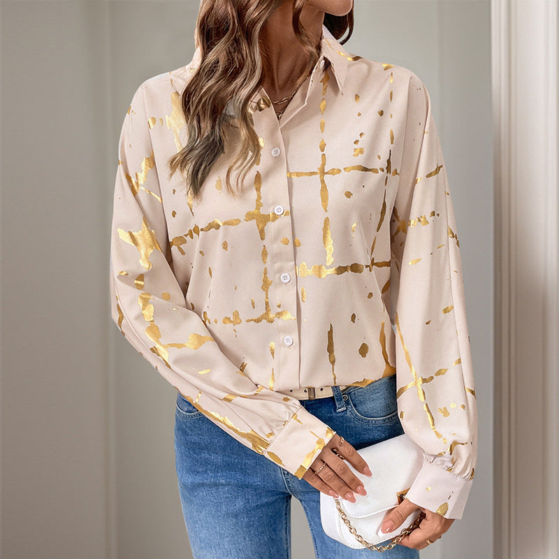 Damen Elegante Langarm-Bluse mit Gold-Folienprint, Hemdkragen und lockerem Schnitt Echoarchiv