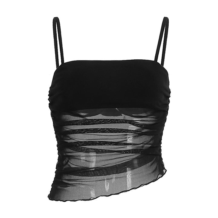 Damen leichtes Rüschenshirt mit Spaghettiträgern und transparenten Einsätzen Echo Archiv