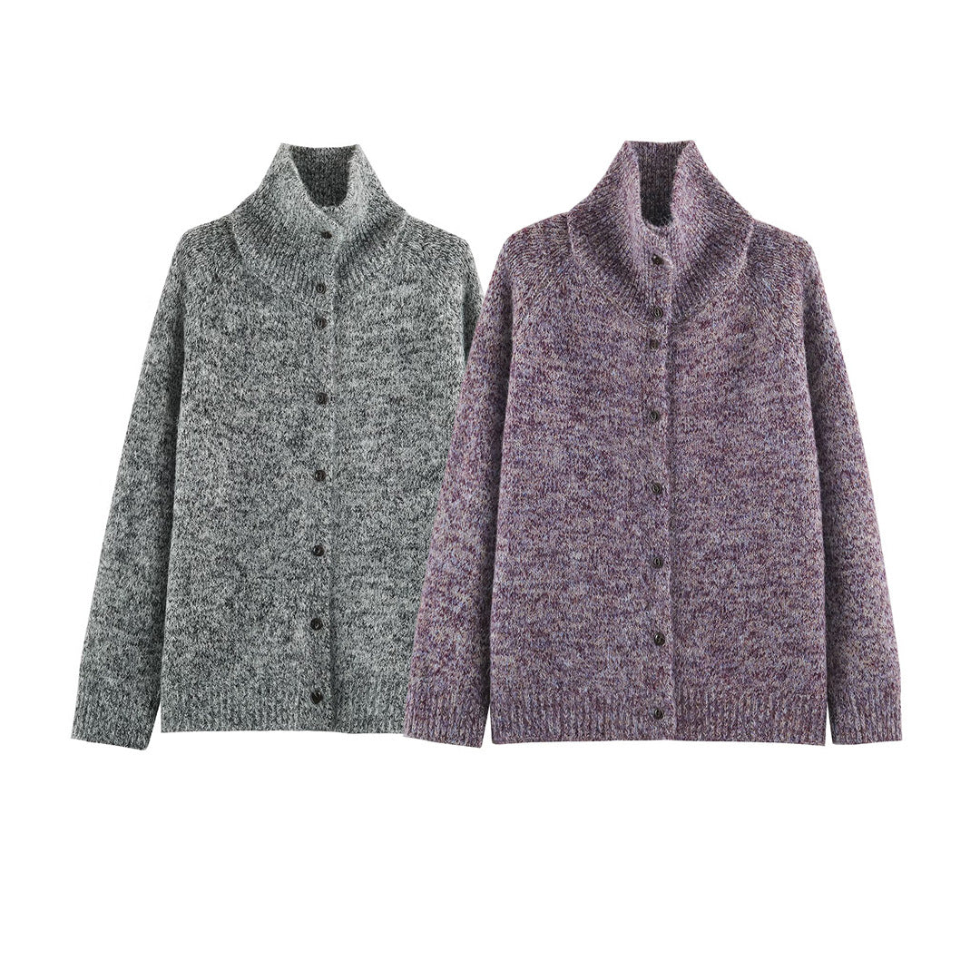 Damen Grobgestrickter Cardigan mit hohem Rollkragen und durchgehender Knopfleiste Echoarchiv