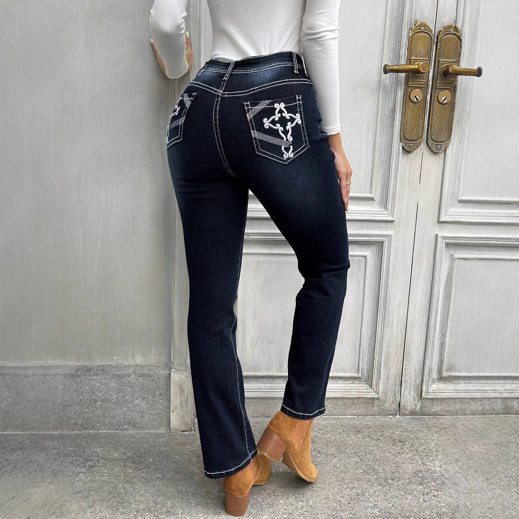 Damen Hochgeschnittene schmal geschnittene Straight-Jeans mit Kontrastnähten und leichtem Schlag Echo Archiv
