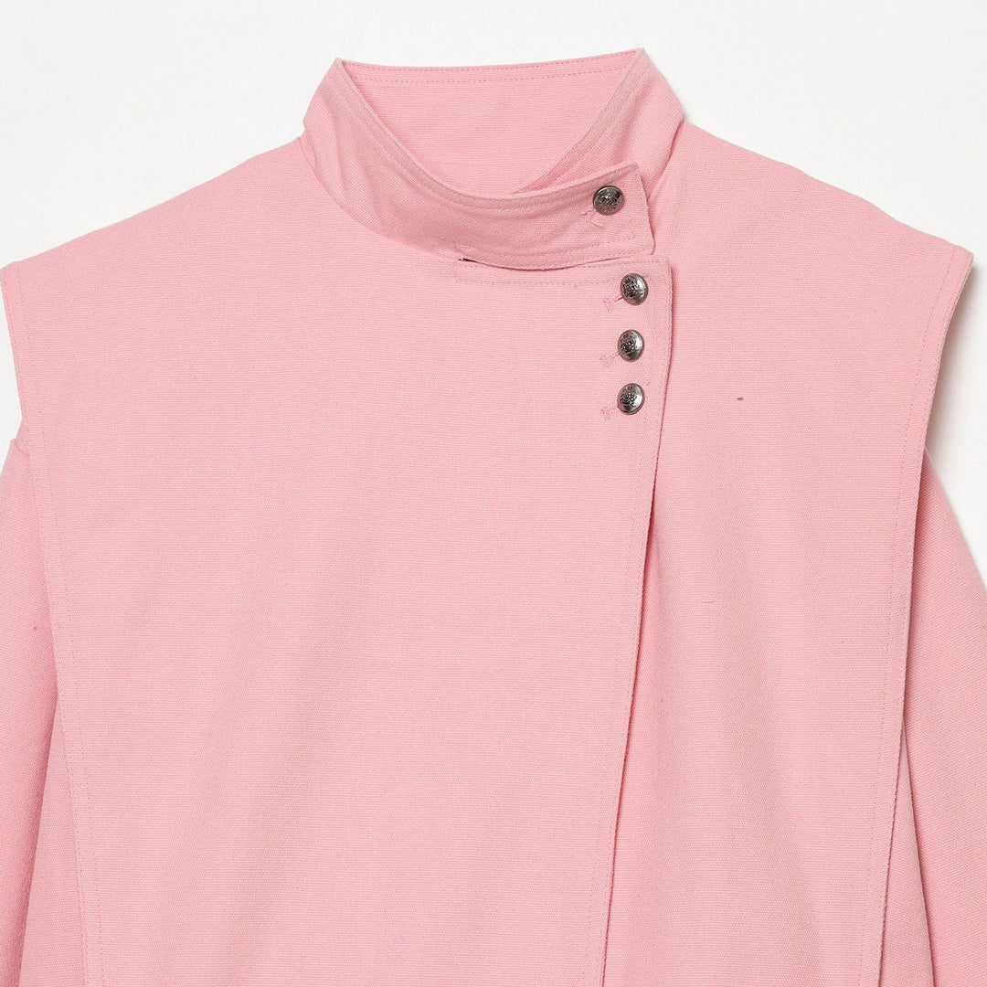 Damen kurz geschnittene Stehkragen‑Jacke mit asymmetrischer Druckknopfblende und Cape‑Schulter – Célinea