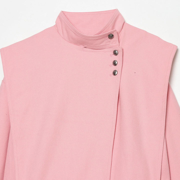 Damen kurz geschnittene Stehkragen‑Jacke mit asymmetrischer Druckknopfblende und Cape‑Schulter – Célinea