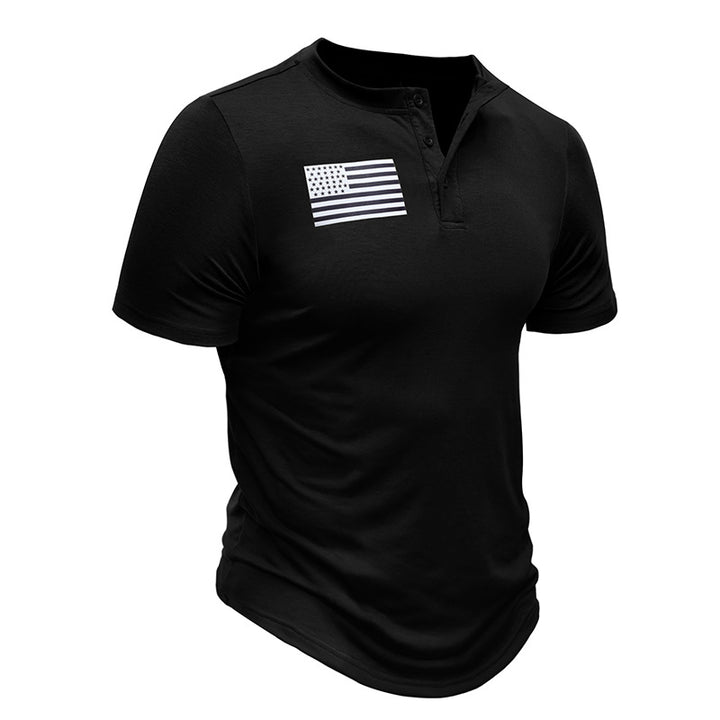 Herren Kurzarm-Henley-Shirt mit modischem Flaggenaufdruck Echoarchiv