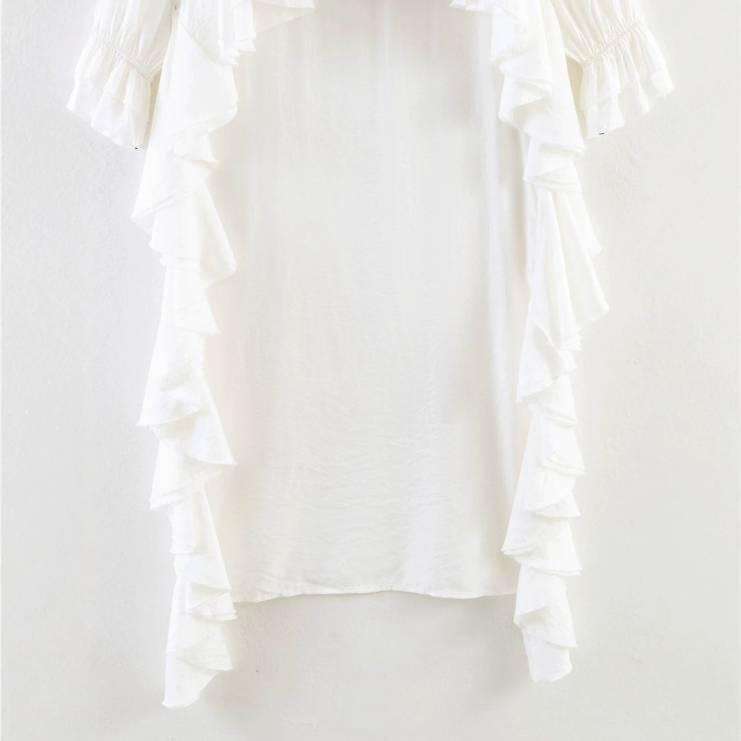 Damen Maxikleid mit asymmetrischem Volantbesatz, V-Ausschnitt und langen Rüschenärmeln Echo Archiv