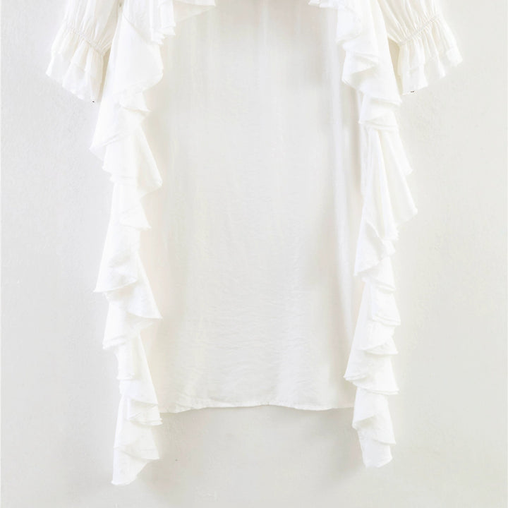 Damen Maxikleid mit asymmetrischem Volantbesatz, V-Ausschnitt und langen Rüschenärmeln Echo Archiv