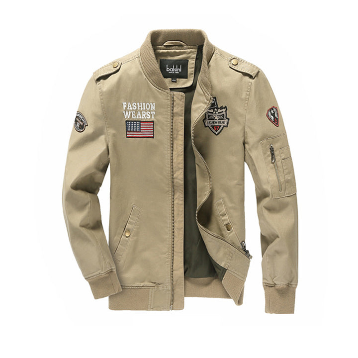 Herren Canvas-Bomberjacke mit Patchdetails, Ärmel-Utilitytasche und Rippbündchen – Brevano
