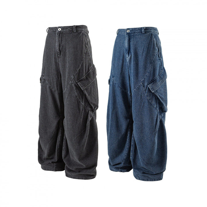 Unisex Weite Cargo-Jeans mit hoher Taille, Panelnähten und aufgesetzten Klappentaschen Echo Archiv
