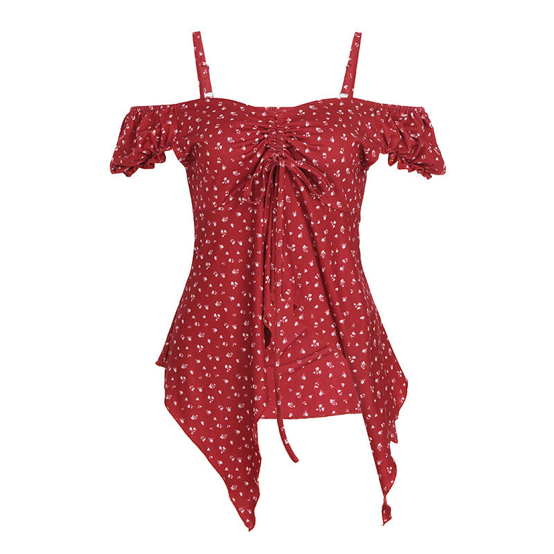 Damen Off-Shoulder-Oberteil mit süßem Blumenmuster und Raffung Echo Archiv