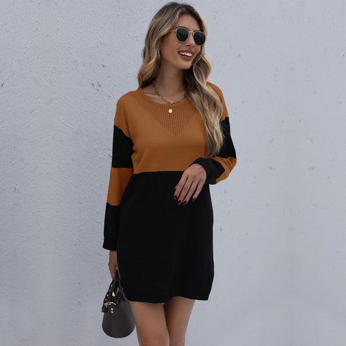 Damen Oversize Strickminikleid mit Colorblock‑Einsatz und geripptem Saum Echoarchiv