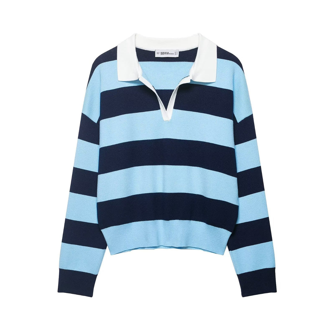 Damen Gestreifter Rugby-Polo-Pullover mit V-Notch und Cropped-Saum Echo Archiv