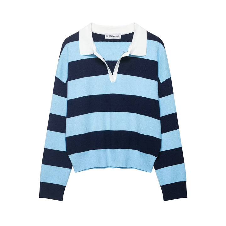 Damen Gestreifter Rugby-Polo-Pullover mit V-Notch und Cropped-Saum Echo Archiv