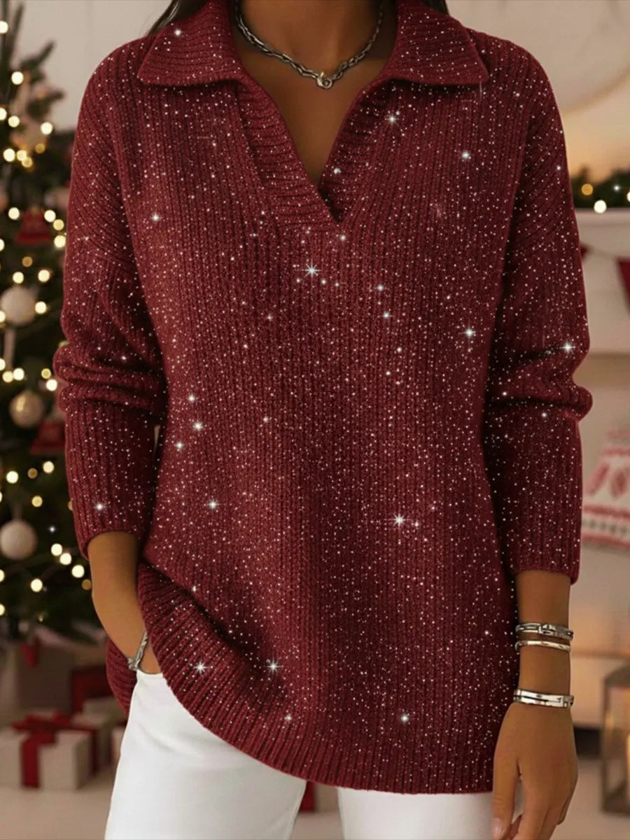 Damen Eleganter V-Pullover mit glänzenden Akzenten – Mavelle