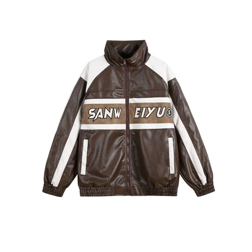 Damen Kunstleder-Trackjacke im Oversize-Cut mit hohem Stehkragen und Logopanel Echoarchiv