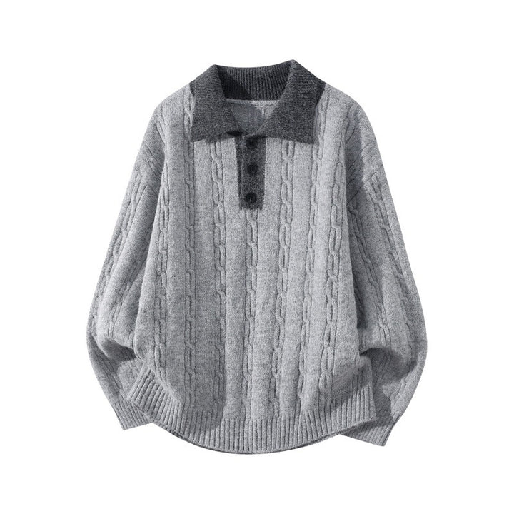 Herren Oversize Zopfmuster-Polo-Strickpullover mit Kontrastkragen und Dreiknopfleiste Echoarchiv