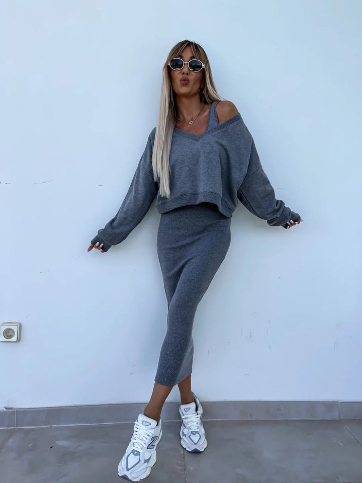 Damen nan zweiteiliges Midirock-Set mit off-shoulder Oversize-Sweatshirt und figurbetontem Bleistiftrock Echo Archiv