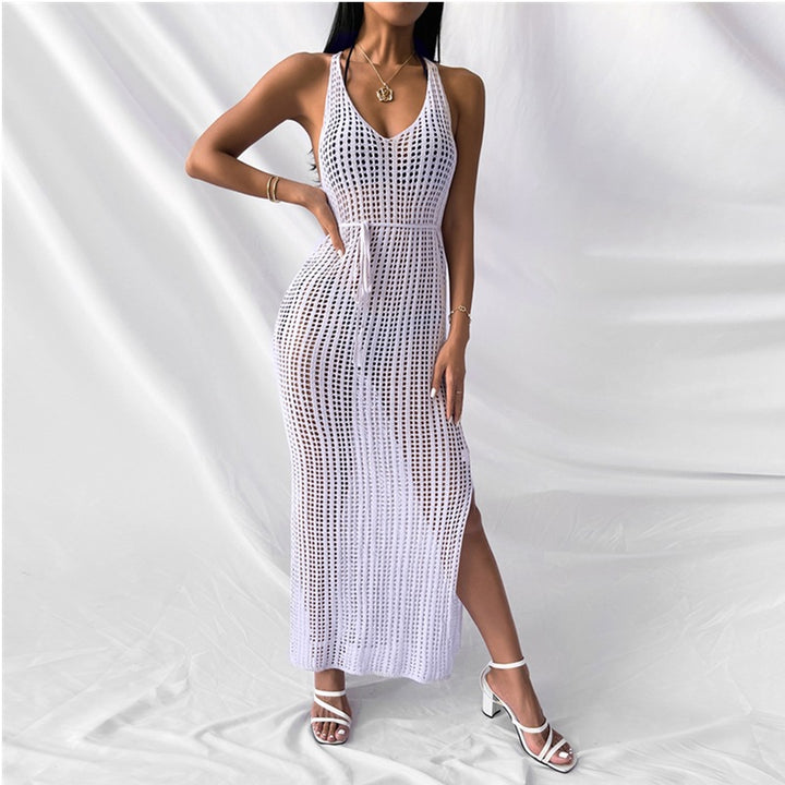 Damen gehäkeltes Maxikleid mit tiefem V-Ausschnitt und seitlichem Schlitz Echo Archiv