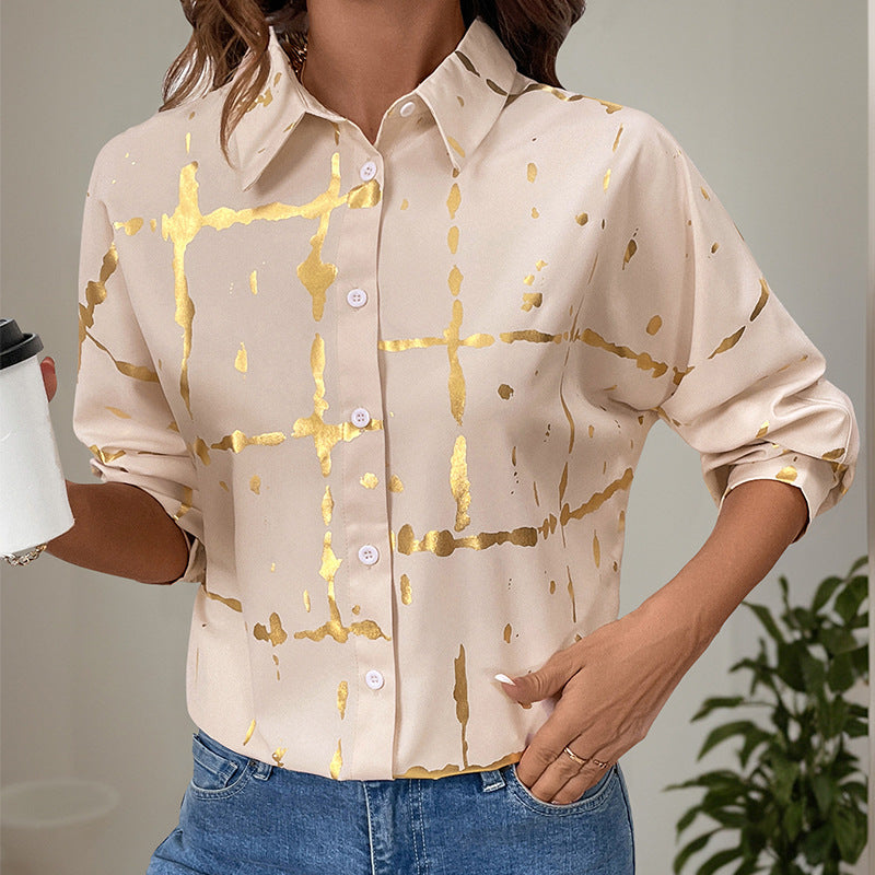 Damen Elegante Langarm-Bluse mit Gold-Folienprint, Hemdkragen und lockerem Schnitt Echoarchiv