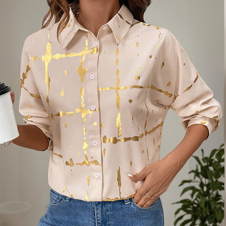 Damen Elegante Langarm-Bluse mit Gold-Folienprint, Hemdkragen und lockerem Schnitt Echoarchiv