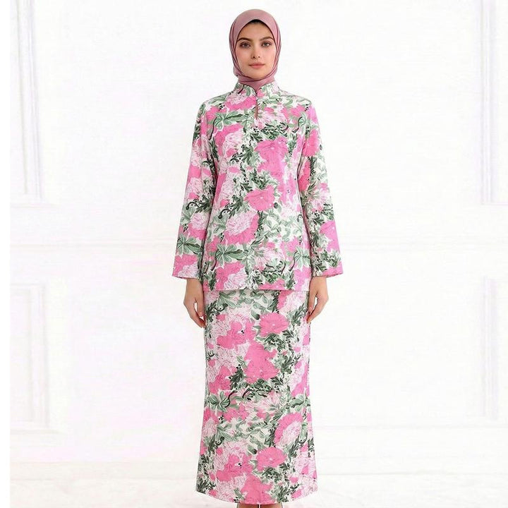 Damen Zweiteiliges Modest-Set aus Tunika mit Stehkragen und geradem Maxirock mit Blumenprint Echo Archiv