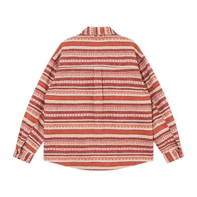 Unisex Oversize-Strickshirtjacke im Ethno‑Streifenmuster mit Pattentaschen Echoarchiv
