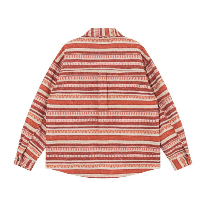 Unisex Oversize-Strickshirtjacke im Ethno‑Streifenmuster mit Pattentaschen Echoarchiv