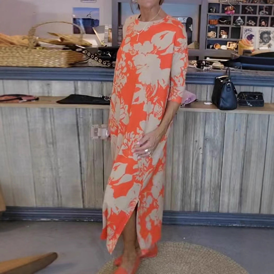 Damen nan fließendes A-Linien-Maxikleid mit Dreiviertelärmeln Rundhalsausschnitt Seitenschlitz und Eingrifftaschen Echo Archiv