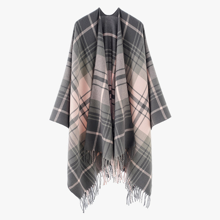 Damen Cape‑Poncho im Oversize‑Deckenstil mit tartanartigem Karomuster und Fransensaum – Avérine