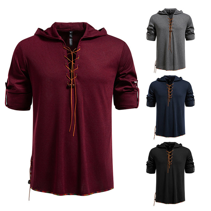Herren Leichtes Kapuzen-Langarmshirt mit Schnürfront und aufrollbaren Dreiviertel-Ärmeln Echo Archiv