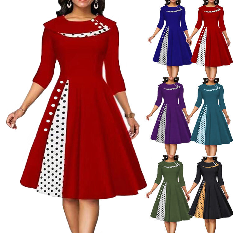 Damen Vintage Elegantes Kleid mit einzigartigem Polka-Dot-Design und ausgestelltem Rock – Élara
