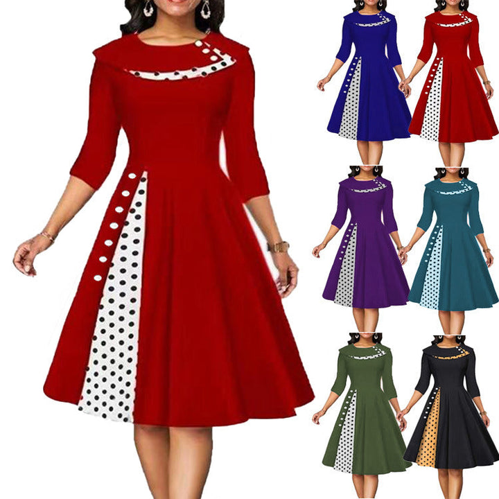 Damen Vintage Elegantes Kleid mit einzigartigem Polka-Dot-Design und ausgestelltem Rock – Élara
