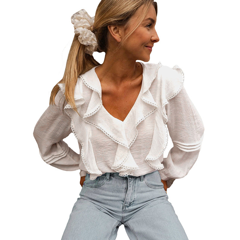 Damen Leichte V-Ausschnitt-Bluse mit Volantfront, Lochstickerei und Ballonärmeln Echoarchiv