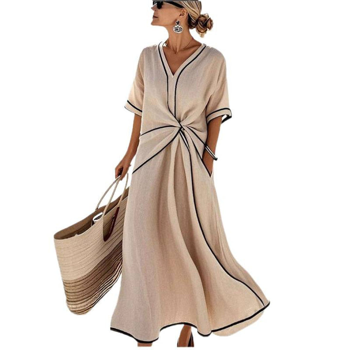 Damen Maxikleid mit V-Ausschnitt, seitlichem Knoten und Kontrastpaspeln Echoarchiv