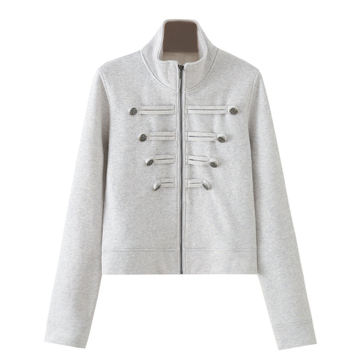 Damen Kurz geschnittene Sweatjacke mit Stehkragen und dekorativen Zierpaspeln Echo Archiv