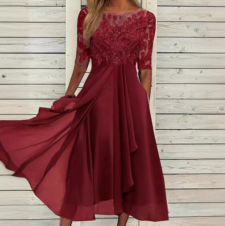 Damen elegantes Chiffon-Spitzenkleid mit Vokuhila-Überwurf und dreiviertelärmeln – Élara