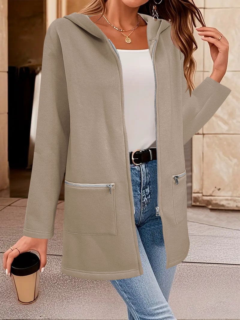 Damen Longline Oversize-Jacke mit durchgehendem Reißverschluss und Zipper-Taschen – Célinea