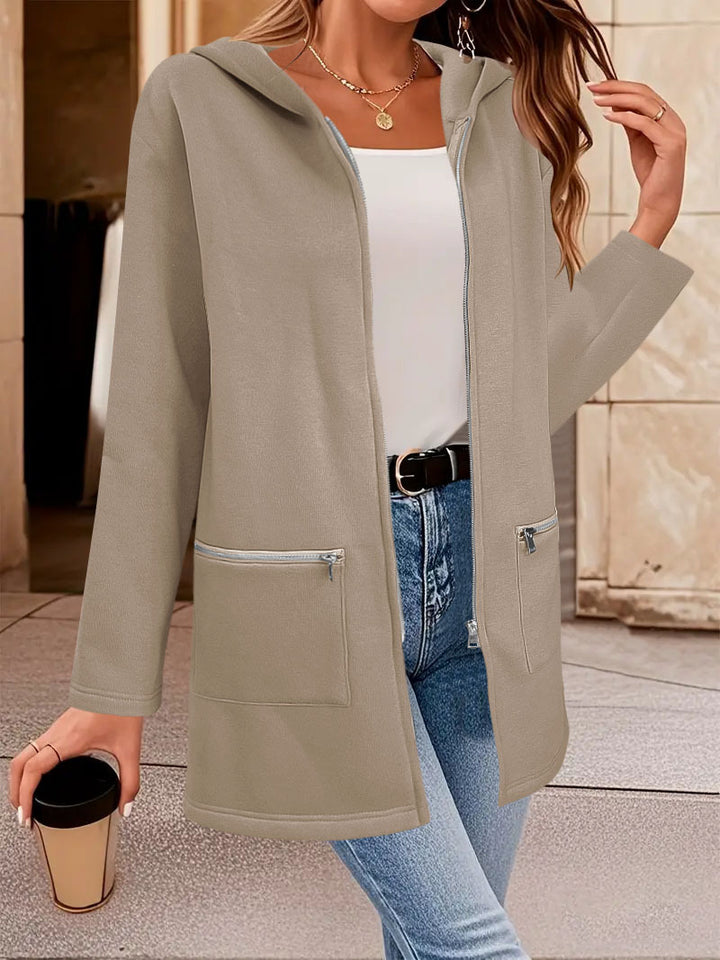 Damen Longline Oversize-Jacke mit durchgehendem Reißverschluss und Zipper-Taschen – Célinea