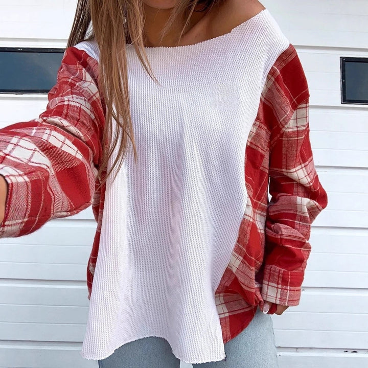 Damen nan Oversize Langarmshirt im Materialmix mit strukturierter Waffelstrick-Front und karierter Ärmelpartie Echo Archiv