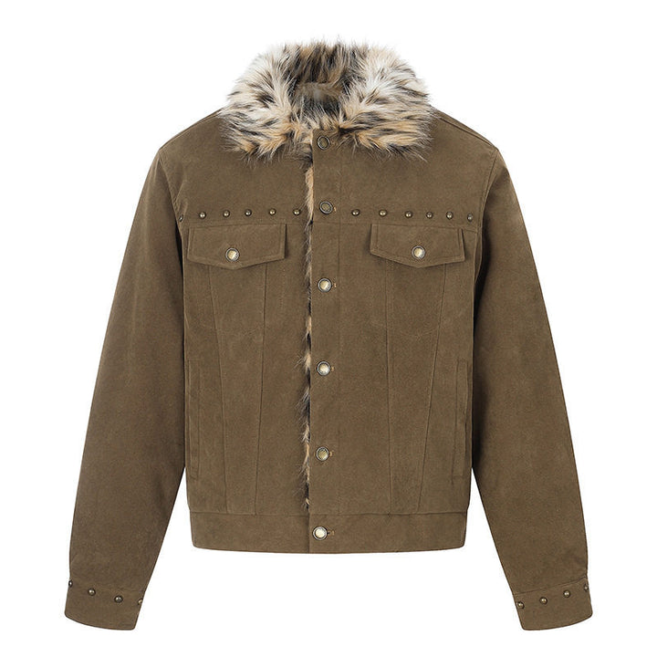Herren Veloursleder-Truckerjacke mit Kunstfellkragen, Nietenbesatz und Druckknopfverschluss Echoarchiv