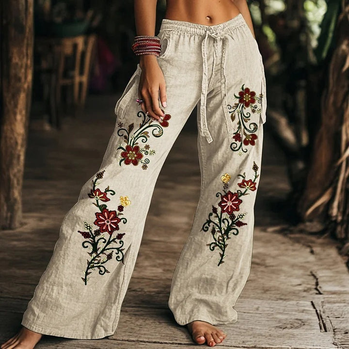 Damen weite Leinenhose mit floralen Stickereien Echoarchiv