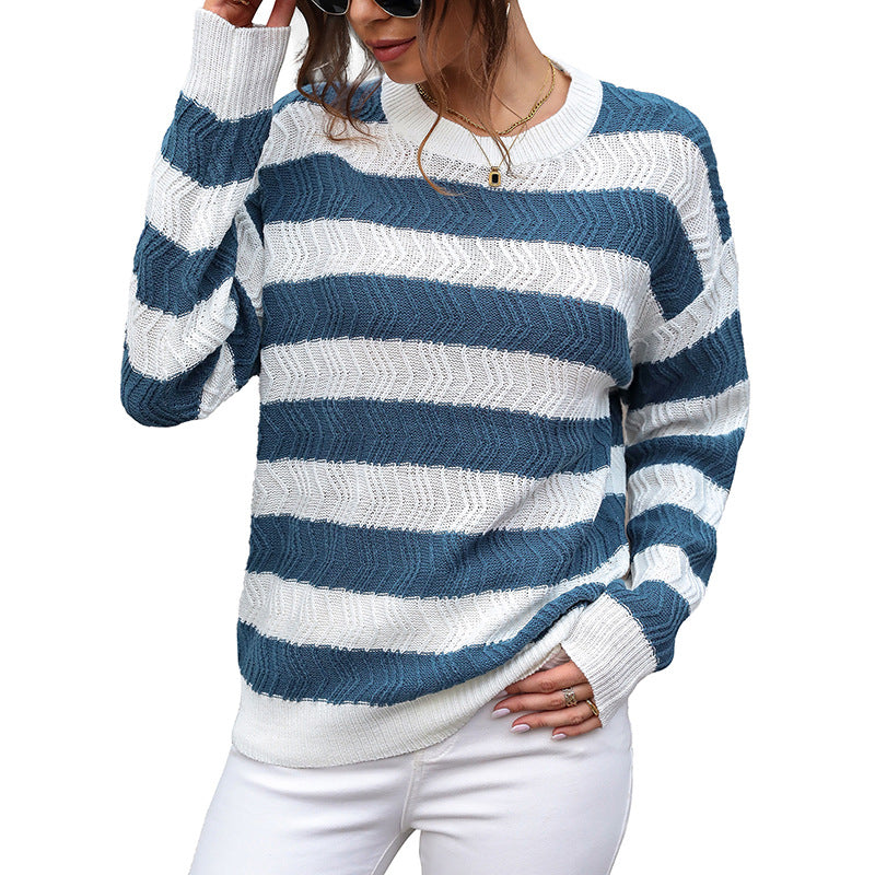 Damen Lässiger Rundhals-Feinstrickpullover mit breiten Streifen und Zickzackstruktur Echoarchiv