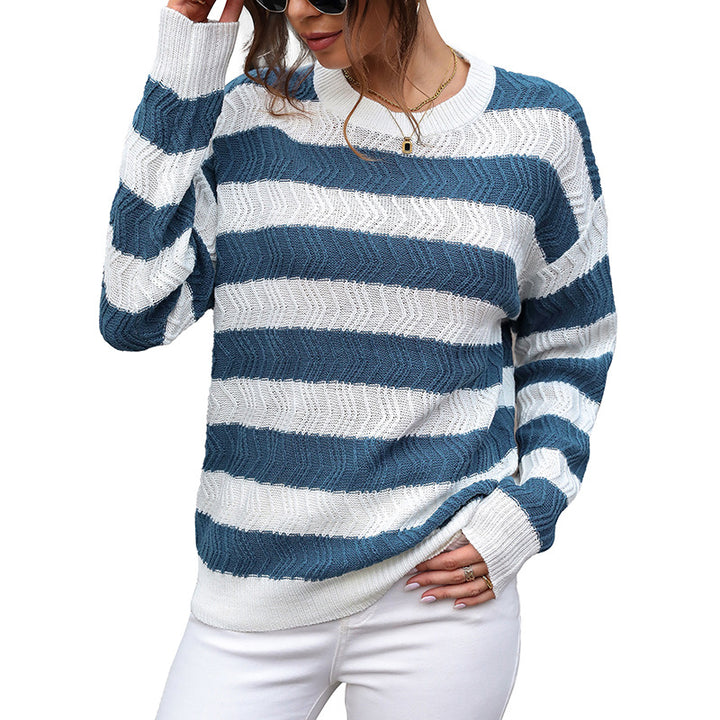 Damen Lässiger Rundhals-Feinstrickpullover mit breiten Streifen und Zickzackstruktur Echoarchiv