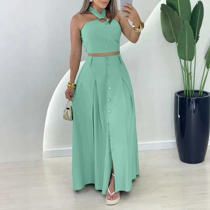 Damen elegantes Crop-Top und Maxirock-Set mit Knopfleiste und Schlitz Echo Archiv