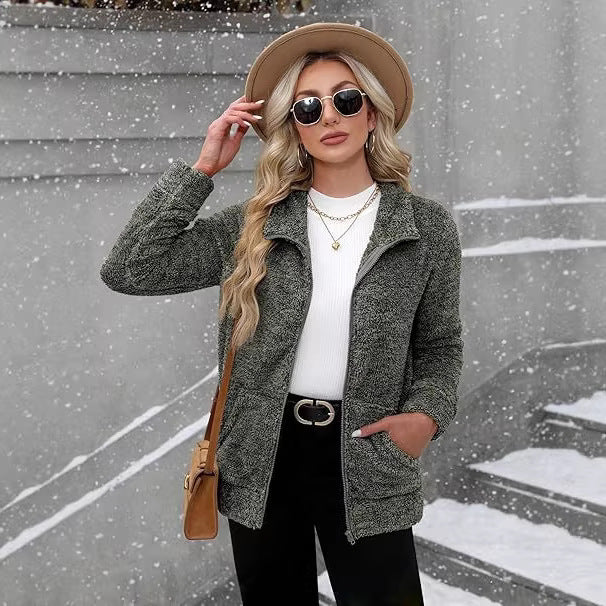 Damen kuschelige Teddy-Fleecejacke mit durchgehendem Reißverschluss, Stehkragen und seitlichen Eingrifftaschen – Célinea