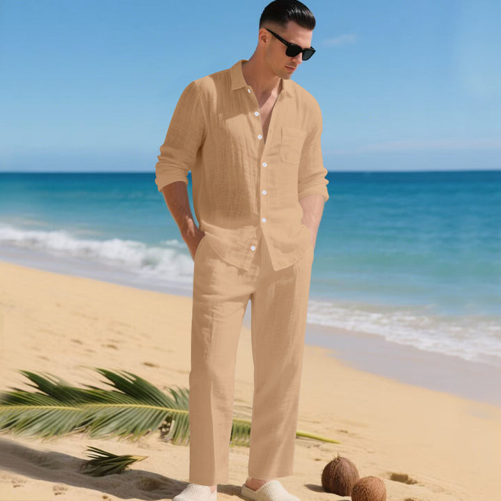 Herren leichtes Leinen-Outfit mit stilvollem Hemd und eleganter Hose Echoarchiv