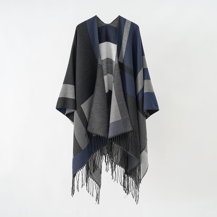 Damen Jacquard-Überwurfponcho im Cape-Schnitt mit feinem Fransensaum Echo Archiv